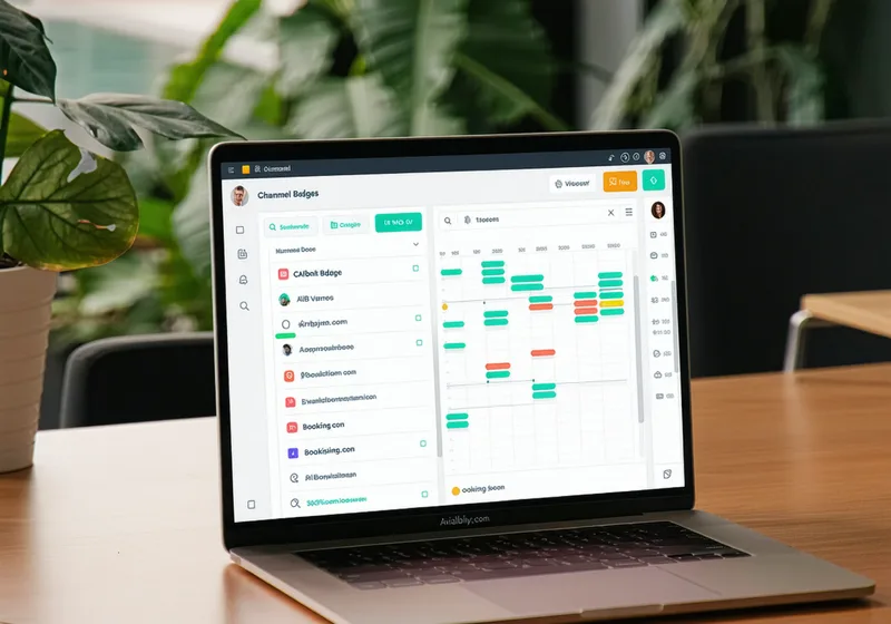 Channel management dashboard on laptop showing multi-channel sync status