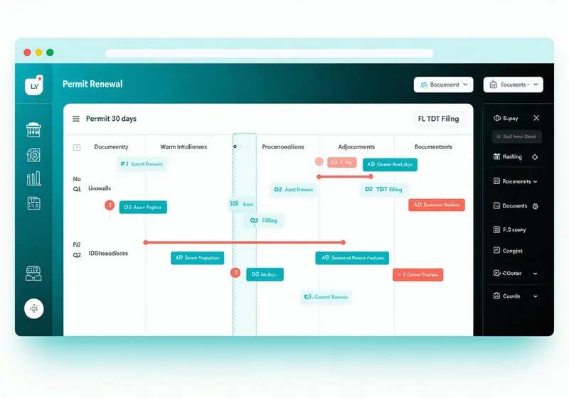 Compliance monitoring dashboard on screen showing permit renewal and tax filing deadlines
