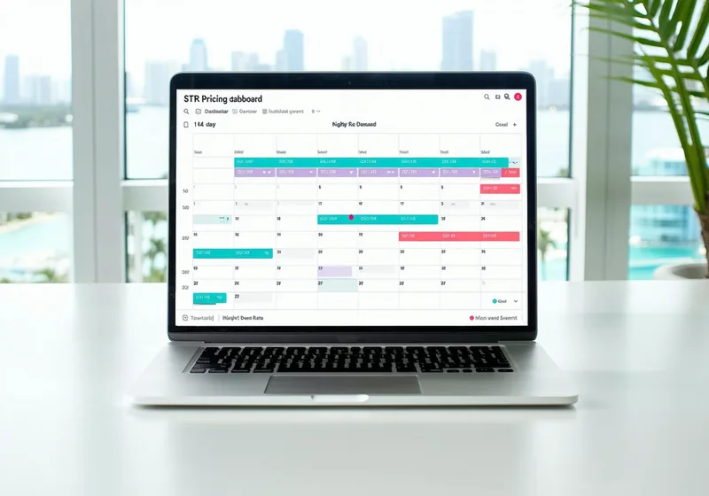 STR pricing dashboard showing nightly rate calendar on desktop screen in Miami office